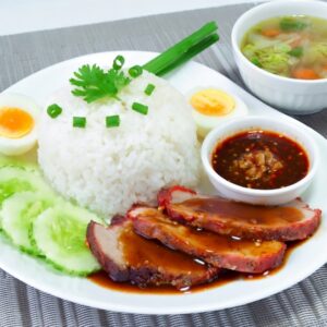 khao moo daeng (thai red pork on rice)