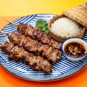 moo ping with sticky rice (grilled pork skewers & sticky rice)