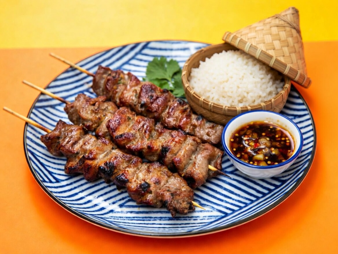moo ping with sticky rice (grilled pork skewers & sticky rice) moo ping with sticky rice (grilled pork skewers & sticky rice)